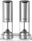 Feelive Salt & Pepper Electric Grinder Set brings convenience to your kitchen with one-touch operation and a bright LED that lights up while grinding. Each grinder holds 95 ml and features durable stainless steel ABS housing and a ceramic core for smooth