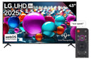 LG 43 inch UHD AI HDR10 webOS25 Smart TV with AI Magic Remote - Resolution 3840 x 2160 4K UHD Direct-lit LED Refresh Rate 60Hz α7 AI Processor 4K Gen8 HDR Formats HDR10 / HDR10 Pro / HLG Audio Output 20W (2.0 channel) Smart OS webOS 25﻿ Connectivity 3 x H