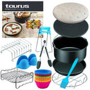 Taurus 28pc Air Fryer Accesssory Set 1 x Cake Barrel 6 Inch 15.24cm 1 x Pizza Pan 6 Inch 15.24cm. 1 x Silicone Mat 1 x Stainless Steel Holder 1 x Stainless Steel Skewer Rack 4 x Skewers 1 x Silicone Oil Brush 1 x Stainless Steel Kitchen Tong 1 x Pair Sili