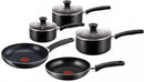 Tefal Essential 8 Piece Non Stick Set Black- Thermo-Spot Technology Bakelite Handles Aluminium Construction Dishwasher Safe Includes 1x 14cm Saucepan 1x 16cm Saucepan 1x 18cm Saucepan 1x 20cm Frying Pan 1x 24cm Frying Pan 3x Vented Glass Lids Out of Box F