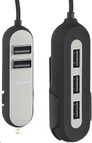 Whizzy 5 Port USB Family Car Charger- Charges Up To 5 Devices Simultaneously Via Car Lighter Socket 2 x USB Ports For Front Of Car 3 X USB Ports For Backseats 1.5m Cable and Backseat Clip Overall 10.8A Rapid Charge Recognition Colour Black 1 Year Limited