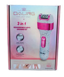 Daling 3- in-1 Rechargeable Ladies Grooming Kit - is a versatile and convenient tool designed for women's personal care. It includes three interchangeable heads: a hair remover for smooth skin a head shaver for precise trimming and a heel smoother for exf