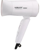 Sokany Foldable Mini Hair Dryer White - Compact Lightweight 1000w Power Rated 2 x Speed Settings Styling Nozzle Attachment Foldable Handle Colour White 1 year warranty