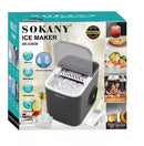 The Sokany 15kg Bullet Shaped Ice Maker - compact appliance that produces 9 pieces of bullet-shaped ice in just 6 minutes. It features a grey and black design self-cleaning functionality and is easy to use. The product comes with a 1-year warranty and is