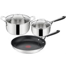 Jamie Oliver Kitchen Essential 5-Piece Stainless Steel Cookware Set by Tefal – Designed by Jamie Oliver this set includes a 28cm non-stick frying pan 1.5L saucepan 3L stewpot and 2 clear glass vented lids. Features Thermo-Signal technology and durable riv
