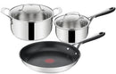 Jamie Oliver Kitchen Essential 5-Piece Stainless Steel Cookware Set by Tefal – Designed by Jamie Oliver this set includes a 28cm non-stick frying pan 1.5L saucepan 3L stewpot and 2 clear glass vented lids. Features Thermo-Signal technology and durable riv