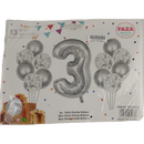 Casey 13pc Silver and White Balloon Set Nr.3 - 13Pc set consisting of 1 x 81cm Number Balloon 6pc 30.5cm Silver Balloons 6pc 30.5cm Confetti Balloons