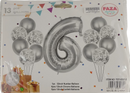 Casey 13pc Silver and White Balloon Set Nr.6 - 13Pc set consisting of 1 x 81cm Number Balloon 6pc 30.5cm Silver Balloons 6pc 30.5cm Confetti Balloons