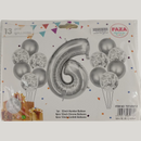 Casey 13pc Silver and White Balloon Set Nr.6 - 13Pc set consisting of 1 x 81cm Number Balloon 6pc 30.5cm Silver Balloons 6pc 30.5cm Confetti Balloons