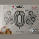 Casey 13pc Silver and White Balloon Set Nr.0 - 13Pc set consisting of 1 x 81cm Number Balloon 6pc 30.5cm Silver Balloons 6pc 30.5cm Confetti Balloons