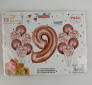 The Casey 13pc Rose Gold and White Balloon Set Nr.9 includes 1 x 81cm Number Balloon 6 x 30.5cm Rose Gold Balloons and 6 x 30.5cm Confetti Balloons. It comes in with