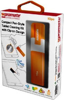 Promate Klipo Compact Pen-Style Tablet cleaning kit with clip-on design for tablet devicesAntistatic and anti-bacterial cleaning liquid solutionHighly absorbent dry padCompact and portable 1 Year Warranty