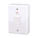 Lesco 2 Pole Surface Isolator Switch Vertical with LED Indicator Light- Complete with White Extension Box Amperage: 30A Height: 100mm Width: 500mm Material: Polycarbonate Colour White Sold as a Single unit 3 Months Warranty