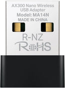 Mercusys AX300 Nano Wireless USB Adapter - Up to 287Mbps High Speed Wi-Fi Nano Design 2.4GHz Frequency USB 2.0 Interface 1 x Internal Antenna WPA-PSK/WPA2-PSK WPA/WPA2 Wireless Security 6 Months Warranty.