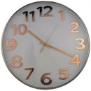 Casey Wall Clock - Round Rose Gold Outer Rim With White Background Large 35cm Diameter Analogue Display Type Rose Gold Numbering With Rose Gold Hour And Second Hands Quartz Movement Battery Operated 3 Months Warranty