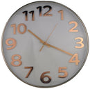 Casey Wall Clock - Round Rose Gold Outer Rim With White Background Large 35cm Diameter Analogue Display Type Rose Gold Numbering With Rose Gold Hour And Second Hands Quartz Movement Battery Operated 3 Months Warranty