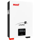 Solarix Must 51.2V 100Ah LiFePo4 Single Battery Module-LCD Control Panel Advanced BMS With Current Limiting Factor Normal Voltage: 51.2V Rated Capacity (5HR):110Ah Total Usable 4.8 kWh Maximum Continuous Charging 100A Maximum Continuous Discharging 100A E