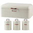 Totally 4 Piece Retro Breadbin And Canister Tin Set Combo - Includes Breadbin And Matching Sugar Coffee Tea Canister Tins Colour White Out Of Box Failure Warranty