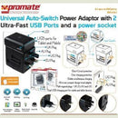 Promate Travelmate.Mobi Universal Auto-Switch Power Adaptor with 2 Ultra-Fast USB Ports and a power socket 1 Year Warranty