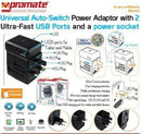 Promate Travelmate.Mobi Universal Auto-Switch Power Adaptor with 2 Ultra-Fast USB Ports and a power socket 1 Year Warranty