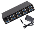 The UNQ-VGA-2508 is an 8-port VGA splitter supporting resolutions up to 1920×1440 @ 60Hz designed to distribute a single VGA signal to eight displays simultaneously. It features a 45-meter signal transmission range includes a US power adapter and is suite