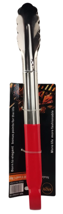 Casey Faza BBQ Stainless Steel 30cm Braai Tongs With Red Soft Grip Rubber Coated Handle