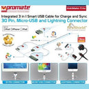 Promate linkMate-trio Integrated 3 in 1 Smart USB Cable for Charge and Sync Lightning 30 Pin and Micro-USB - 1 Meter - White 1 Year Warranty