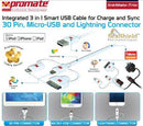 Promate linkMate-trio Integrated 3 in 1 Smart USB Cable for Charge and Sync Lightning 30 Pin and Micro-USB - 1 Meter - White 1 Year Warranty