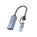 Benfei Dual Usb-A C 3.0 Male To Rj45 Gigabit Ethernet Female Adapter With Nickle-Plated Connectors And Supports Network Speed Up To 1000Mbps - Grey Colour