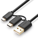 Ugreen 30174 Usb-A 2.0 Male To Dual Micro-Usb Usb-C 1M Cable With Gold-Plated Connectors And Compatible With Both Micro-Usb Usb-C Input Devices - Black Colour