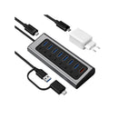 BENFEI USB-A 3.0 7-Port Data Sync Powered Hub Built with Non-Detachable USB-C-to-USB-A 3.0 Cable, 1X USB-A BC 1.2 Charging Port And Included 45W PD GaN Charger  Grey Colour