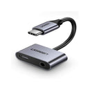 UGreen 50596 USB-C Male to 3.5mm and USB-C Female Adapter Supporting Analogue Audio Output Only - Grey Colour