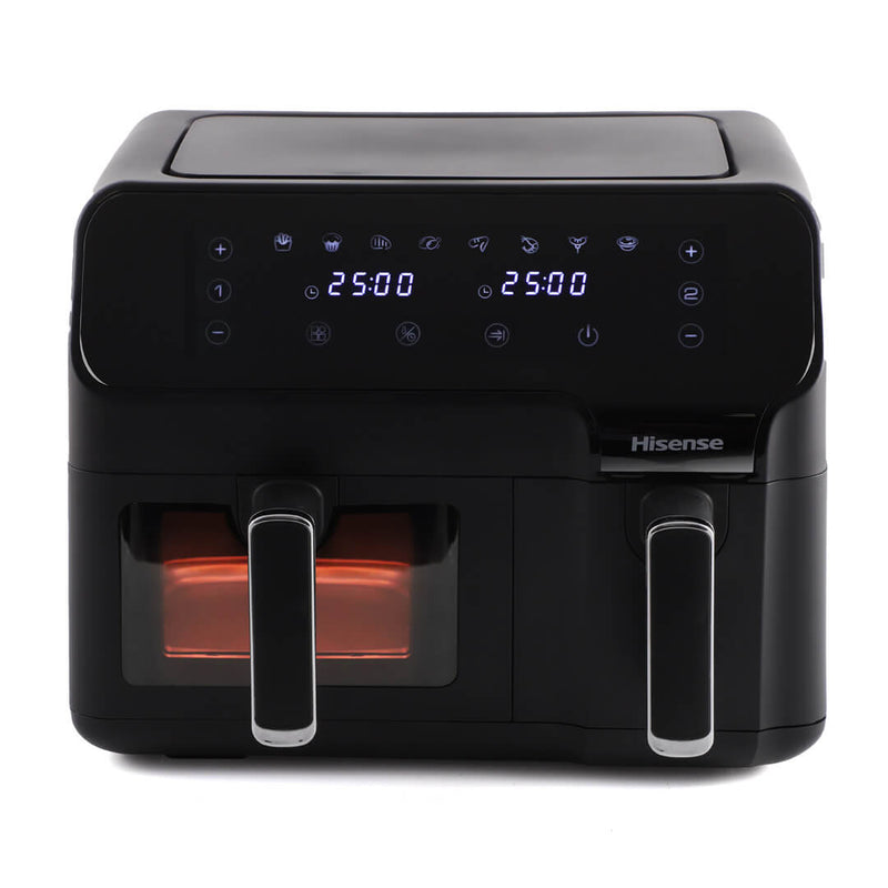 Hisense Electronic Dual Airfryer Black -LED Touch Control Panel- 8.6 Litre Total Capacity 2700w Total Power Removable Frying Baskets And Pots 8 Preset Cooking Menus Clear Cooking Window Matt Black Finish 1 Year Warranty