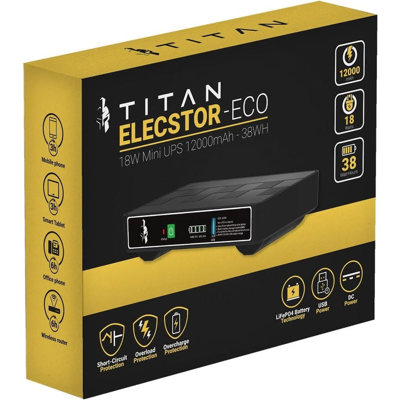 The Titan Elecstor Mini DC UPS 12000mAh – 38WH ensures uninterrupted power for routers fibre ONUs and other devices during outages lasting 3-5 hours. Featuring multiple-voltage DC outputs and a USB port it supports internet connectivity and charges mob...