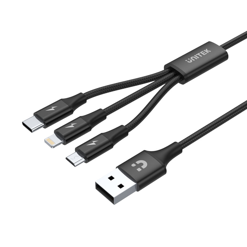 Unitek 1.2M 3-In-1 Type-C, Micro Usb And Lightning 2.4A Charging Cable (C14049Bk)