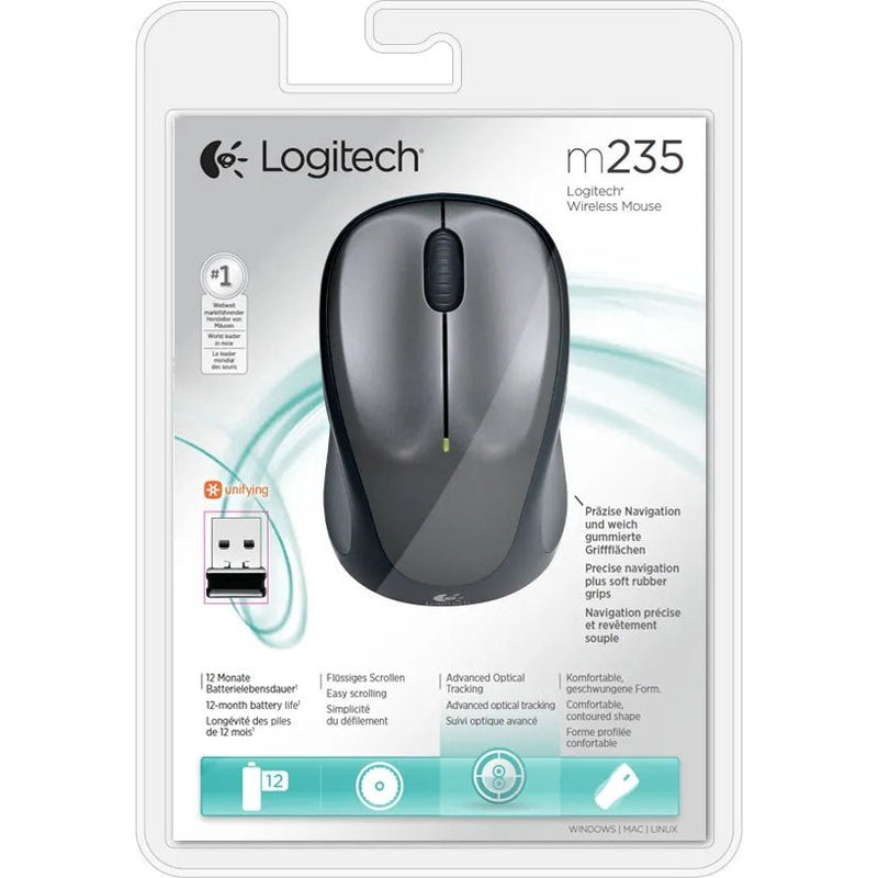 Logitech M235 Wireless USB Optical Mouse - Contoured Ambidextrous Design Wireless 2.4 GHz Advanced Optical Tracking Unifying Receiver 1 Year Battery Life 1 year Limit warranty
