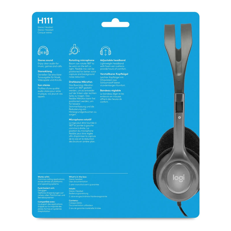 Logitech H111 Stereo Headset with Noise-cancelling microphone - Full stereo sound Adjustable headband Rotating microphone boom 1 year Limit warranty