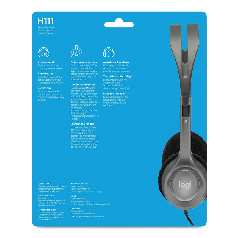 Logitech H111 Stereo Headset with Noise-cancelling microphone - Full stereo sound Adjustable headband Rotating microphone boom 1 year Limit warranty