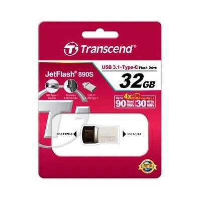 Transcend 32Gb Jetflash 890 Usb-C & Usb 3.1 Otg Flash Drive - Silver