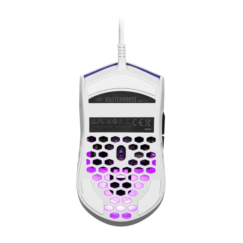 Cooler Master Mm711 Rgb Matte Whiteultra Light 53G Gaming Mouse Ultraweave Paracord Cable Pixart Pmw3389 Sensor Ptfe Skates