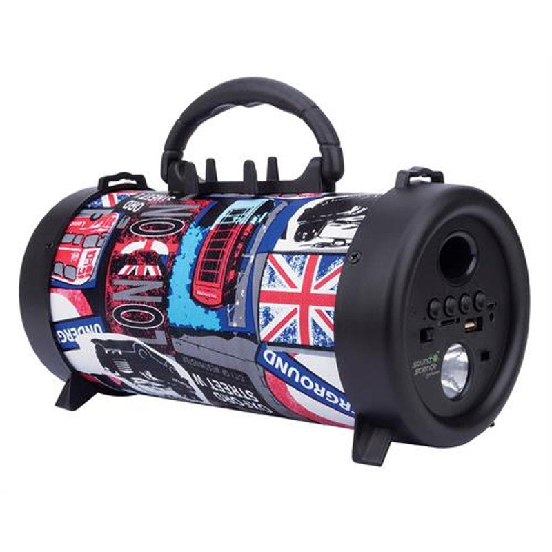 Manhattan Sound Science Bluetooth Speaker with Handle - Wireless Music Playback Control Buttons USB-A Port Micro-SD Card Slot FM Radio Mode 3.5 mm Audio Port Flashlight London Design 1 year Limited Warranty