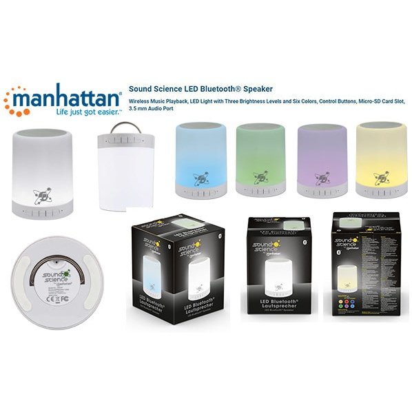 Manhattan Sound Science LED Bluetooth Speaker - Wireless Music Playback LED Light with Three Brightness Levels and Six Colors Control Buttons Micro-SD Card Slot 3.5 mm Audio Port 1 year Limited Warranty