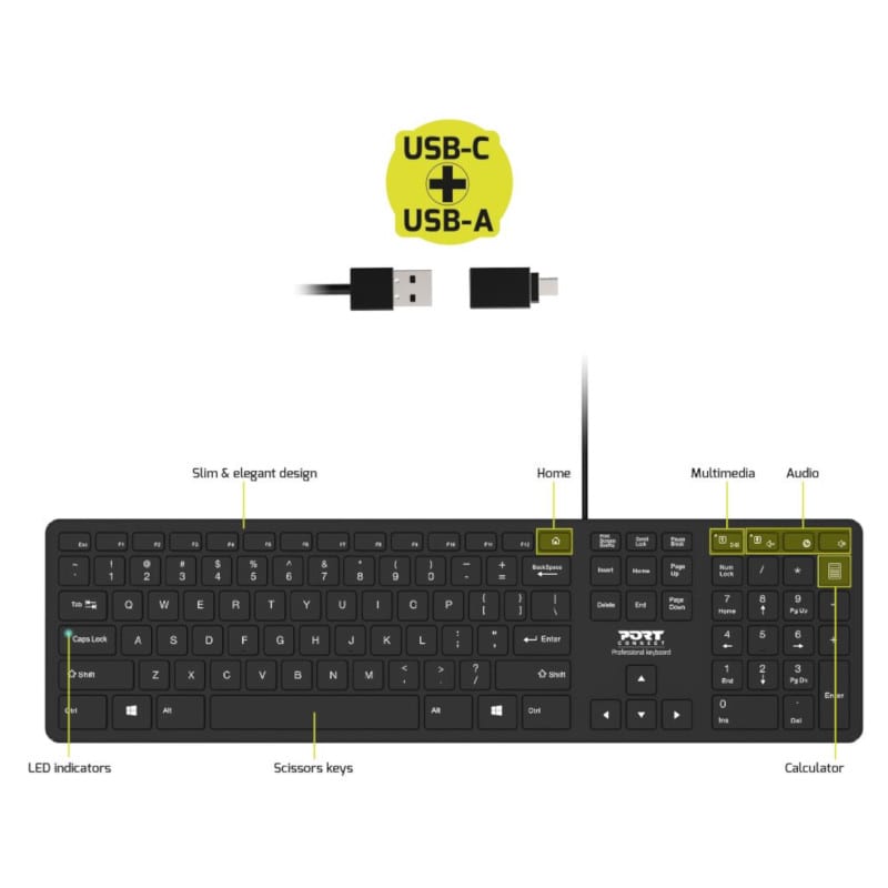 Port Office Executive Low Profile 105Key Wired Keyboard - Black
