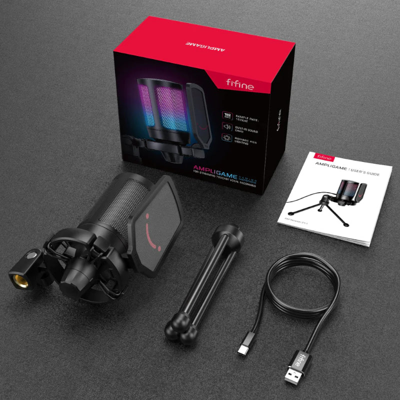Fifine Mic A6 Ampligame Usb Rgb Microphone With Pop Filter - Shock Mount - Round Stand