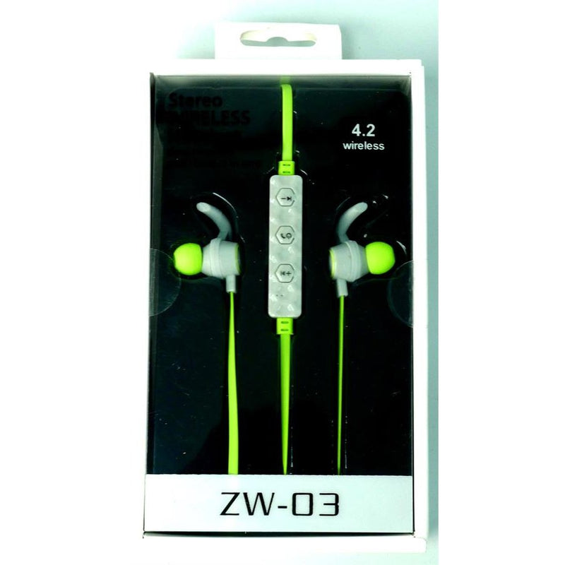 Geeko Zw-03 Wireless Bluetooth Earphones , Bt4.2 , Rechargeable Polymer Lithium-On Battery -Green, Retail Box , 1 Year Limited Warranty