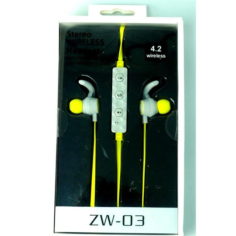 Geeko Zw-03 Wireless Bluetooth Earphones , Bt4.2 , Rechargeable Polymer Lithium-On Battery -Yellow, Retail Box , 1 Year Limited Warranty