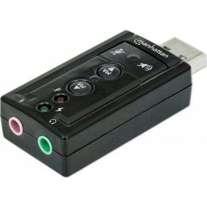 Manhattan Hi Speed USB 3D 7.1 Sound Adapter - Compact High-Speed USB 2.0 External Sound Card with 3.5 mm Audio and Microphone Ports 7.1-Channel Virtual 3D Surround Sound Internal Amplifier and Volume Controls Limited Lifetime Warranty