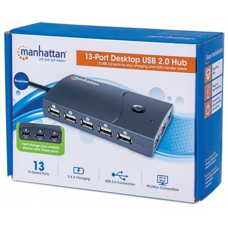 Manhattan Hi Speed 13 Port Desktop Usb Hub - 13 Ports, Usb 2.0, Ac Bus Power Hub With Multiple Transaction Translator And 2.4 A Fast Charge Capable , Retail Box, Limited Lifetime Warranty