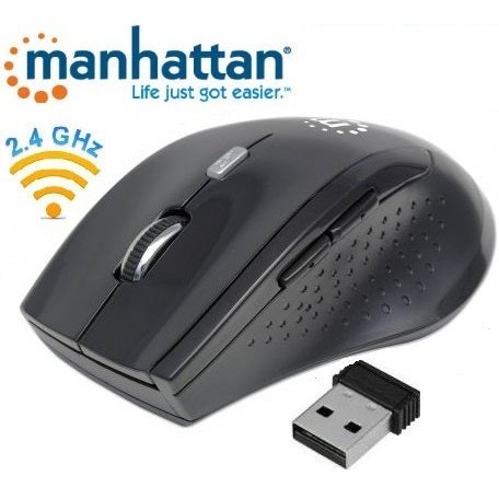 Manhattan Curve Wireless Optical Mouse - Usb, Five Button With Scroll Wheel, 1600 Dpi, Black/Black, Retail Box, Limited Lifetime Warranty