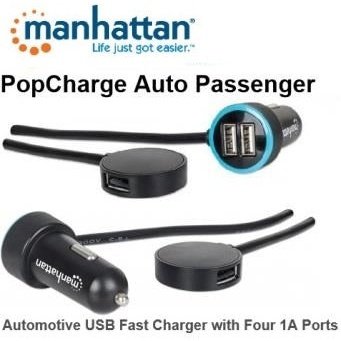 Manhattan Popcharge Auto Passenger Automotive Usb Fast Charger With Four 1A Ports -Converts A Cigarette Lighter Socket Into A Four-Port Usb Power Source , Convenient 1M (3-Ft.) Cord Allows Passengers In The Rear Of The Vehicle To Charge , Retail Box, Limi